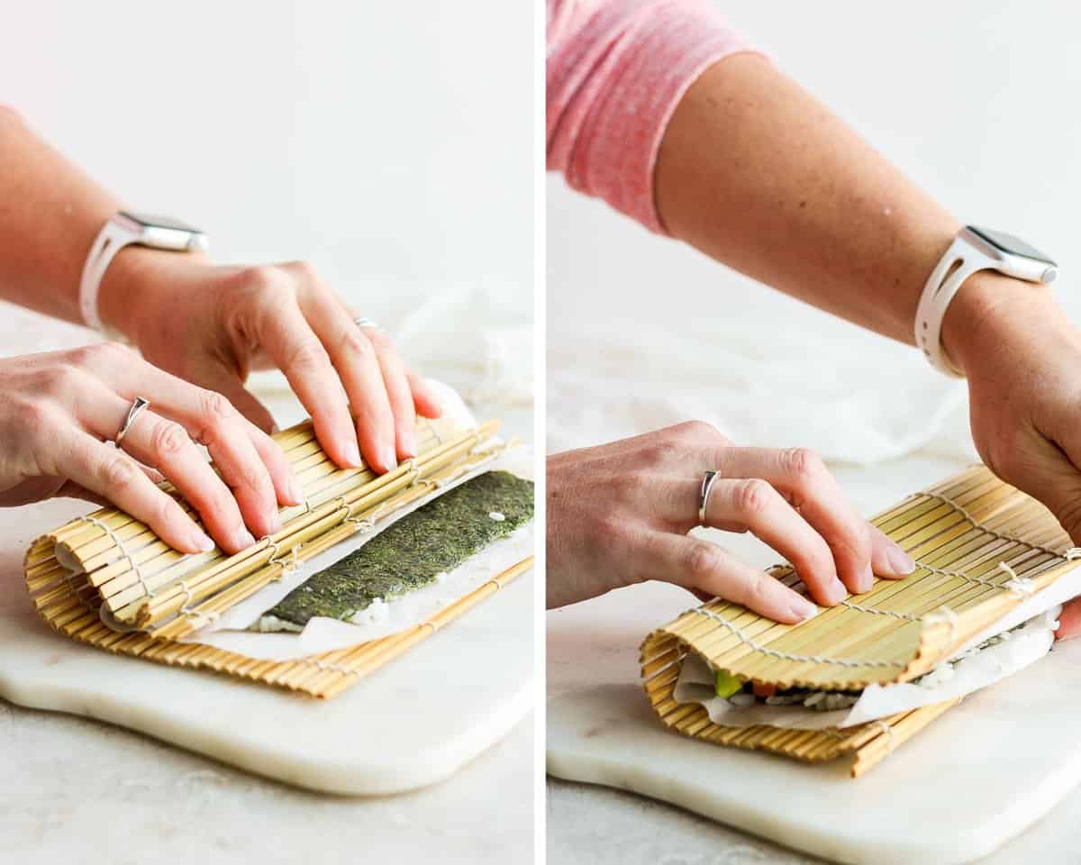 Two images showing two hands rolling a the sushi roll with a bamboo sheet.