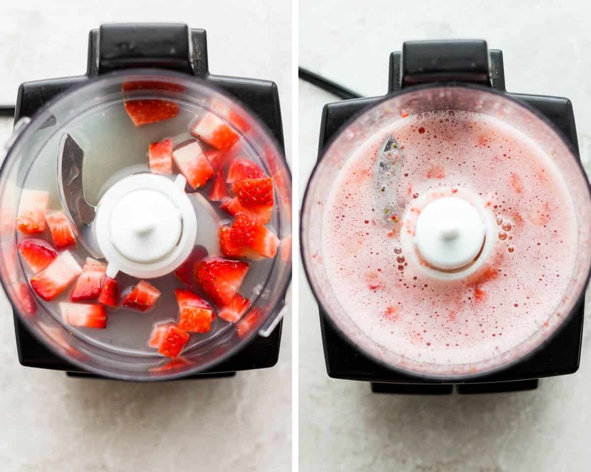 Strawberries, rum, lime juice, and simple syrup in a food processor.  The side by side image shows all of those ingredients blended up into the food processor.