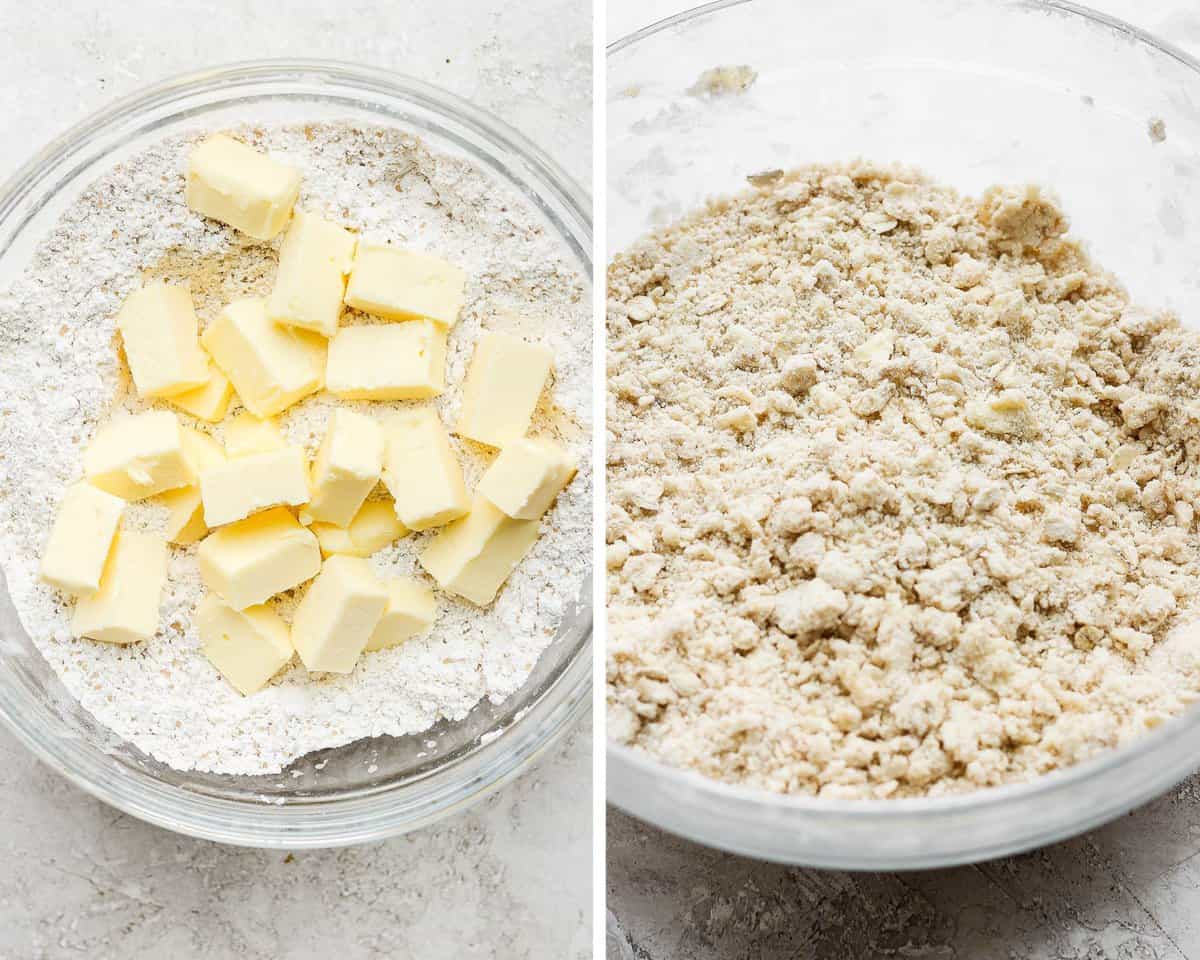 Two images showing the butter added to the crust mixture and then after it has been fully incorporated.