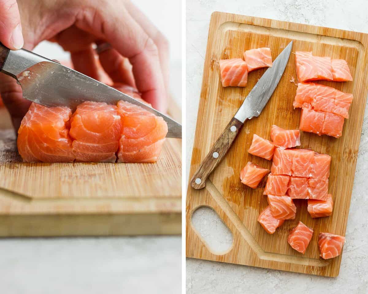 Two images showing the salmon being cut into cubes and then all the salmon cubes on the cutting board.