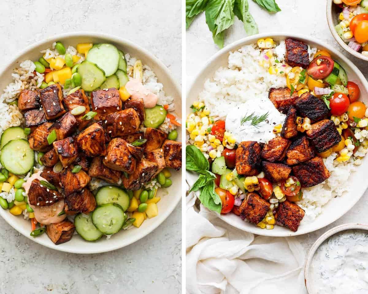 Two images showing our soy ginger salmon rice bowl and blackened salmon bowl.