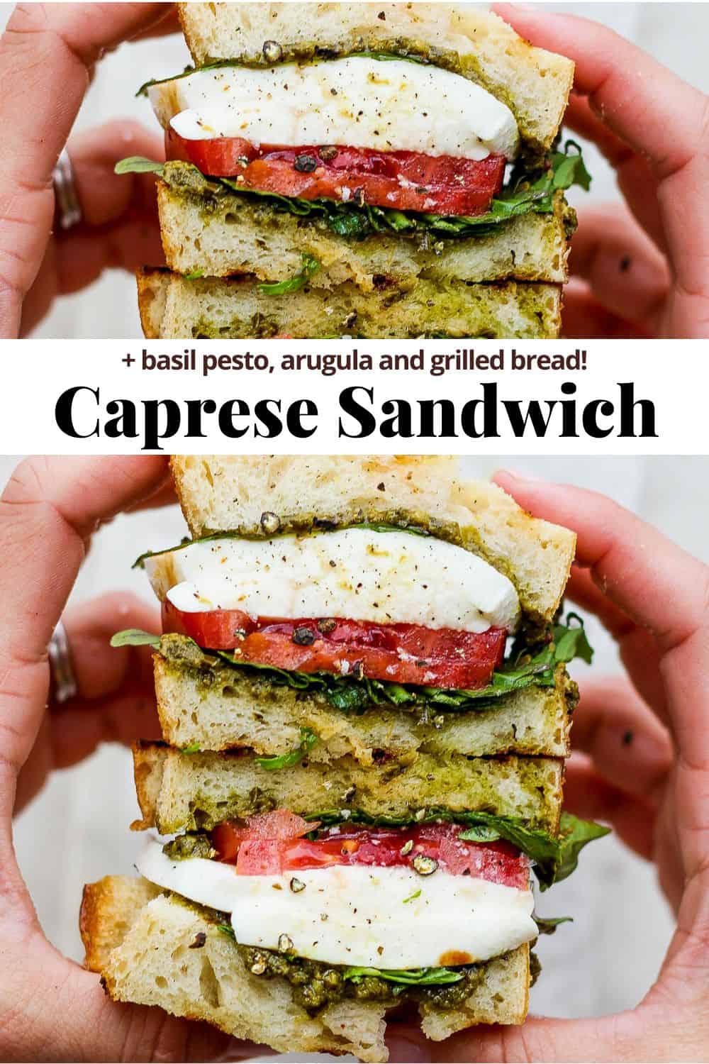 Pinterest image for a caprese sandwich.