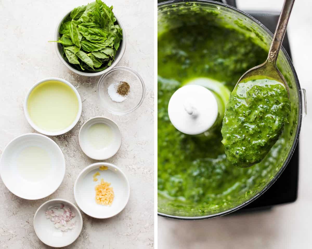 Two images showing the vinaigrette ingredients in separate bowls and then blended together in a food processor.