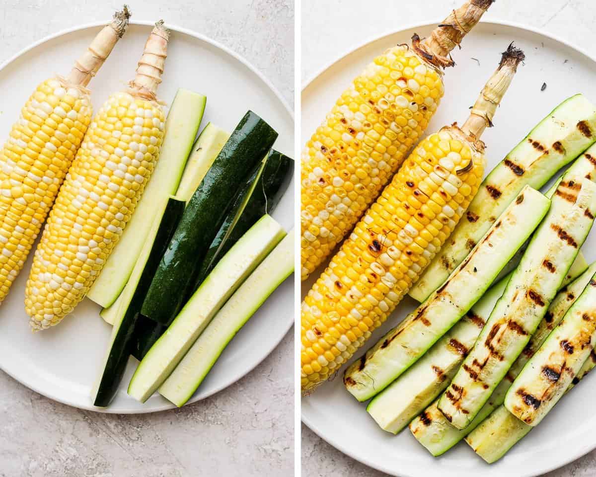 Two images showing the corn and zucchini before going on the grill and then after.