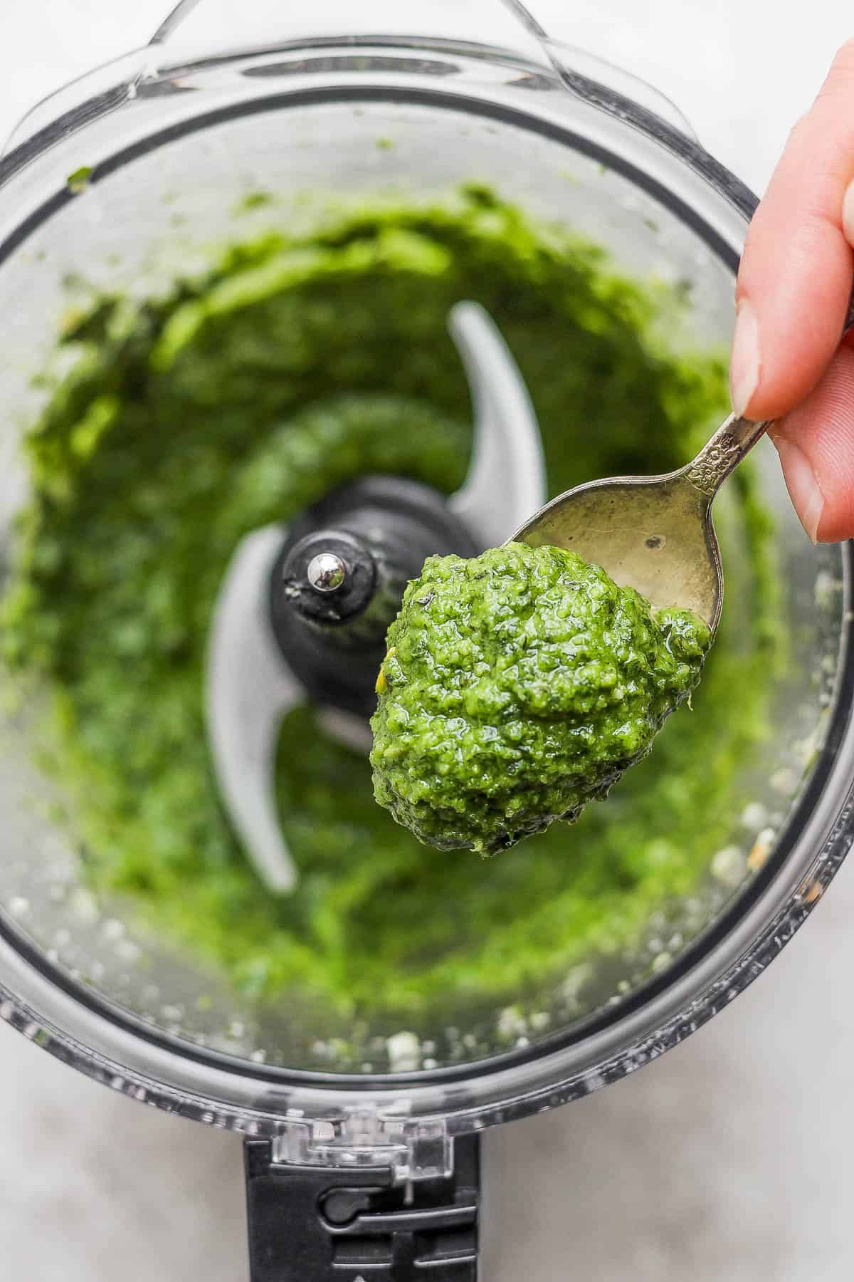 A spoon scooping pesto out of the food processor.