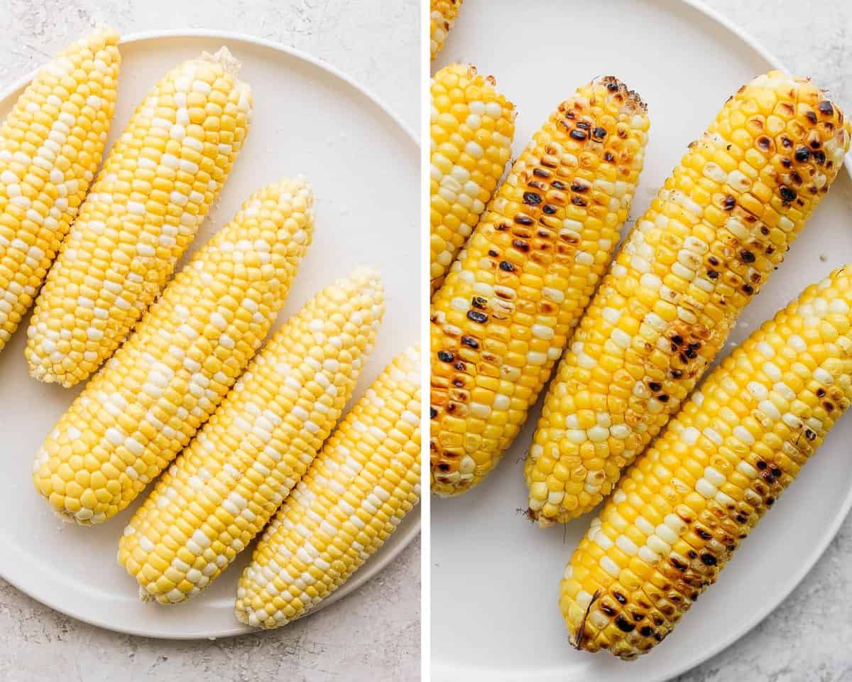 Five ears of grilled corn on a plate.