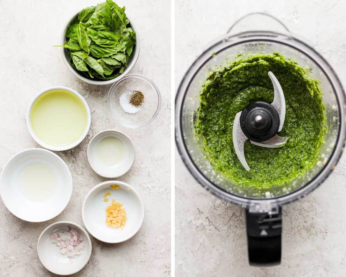 Bowls with individual pesto ingredients and then all of the ingredients blended together in a food processor.