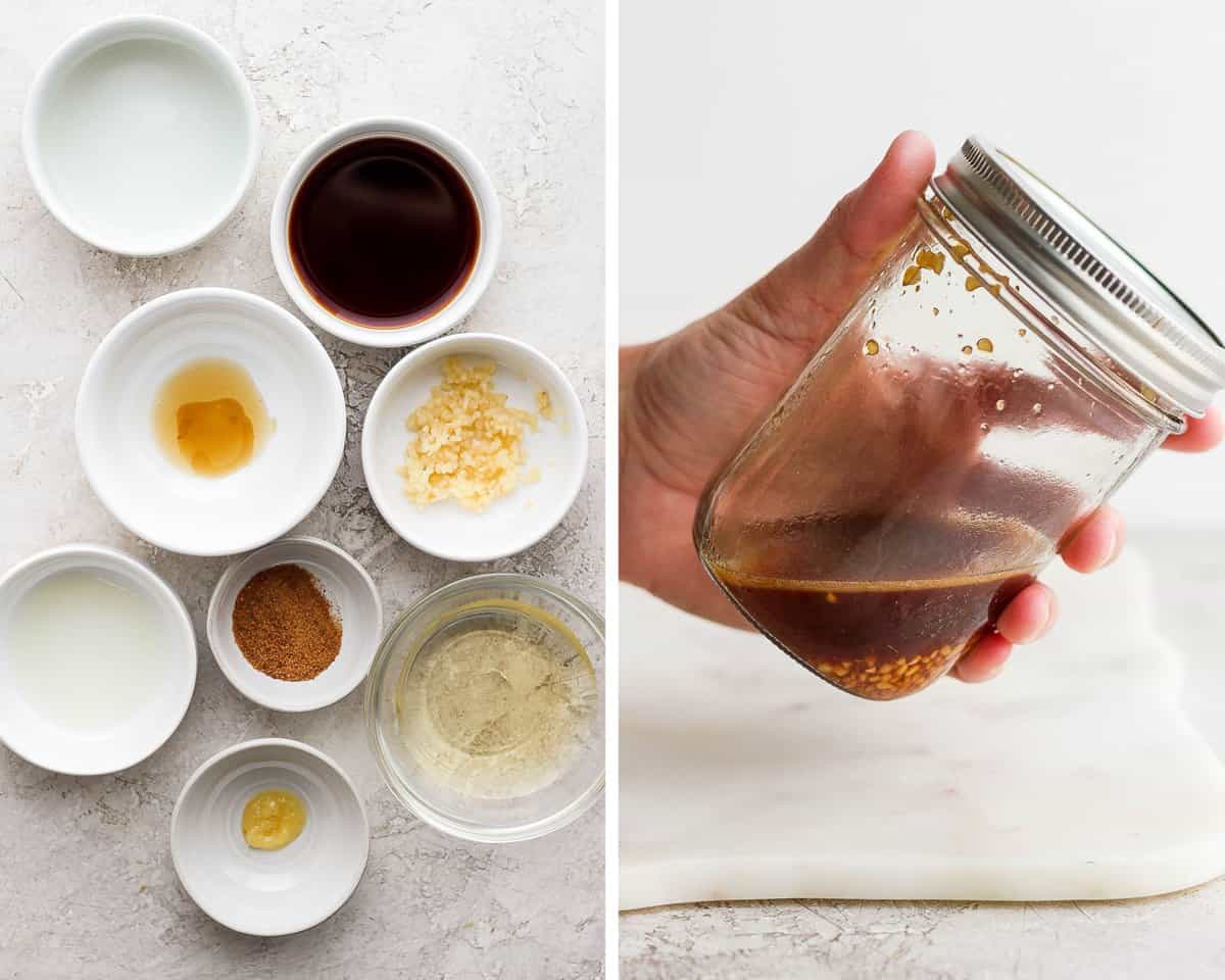 Two images showing the sesame ginger dressing ingredients in separate bowls and then mixed together in a mason jar.