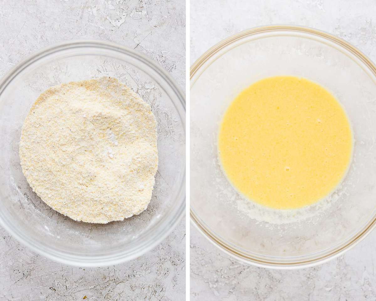 Dry ingredients mixed together in a bowl.  Egg milk and butter mixed together in another bowl.