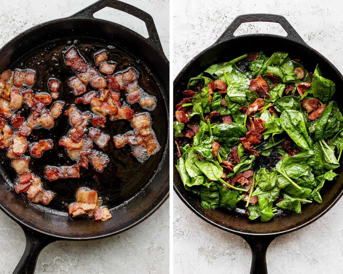 Two images showing a cast iron skillet with bacon cooking and then the spinach added to wilt.