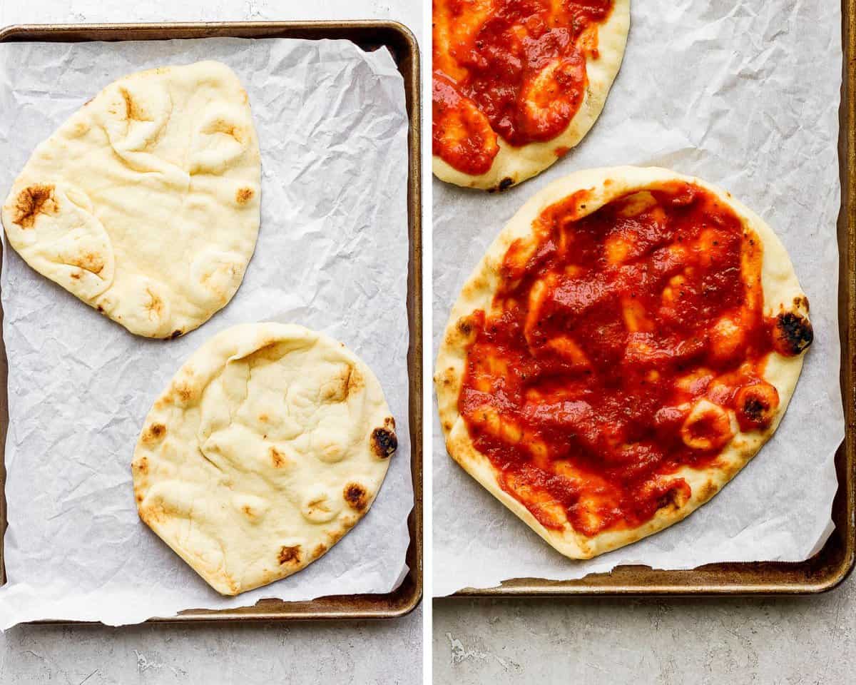 Two images showing two pieces of naan bread on a parchment-lined baking sheet without sauce and with sauce.