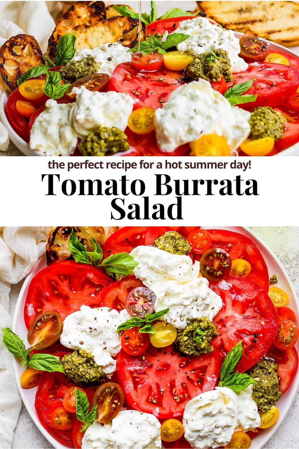 Pinterest image for tomato burrata salad.