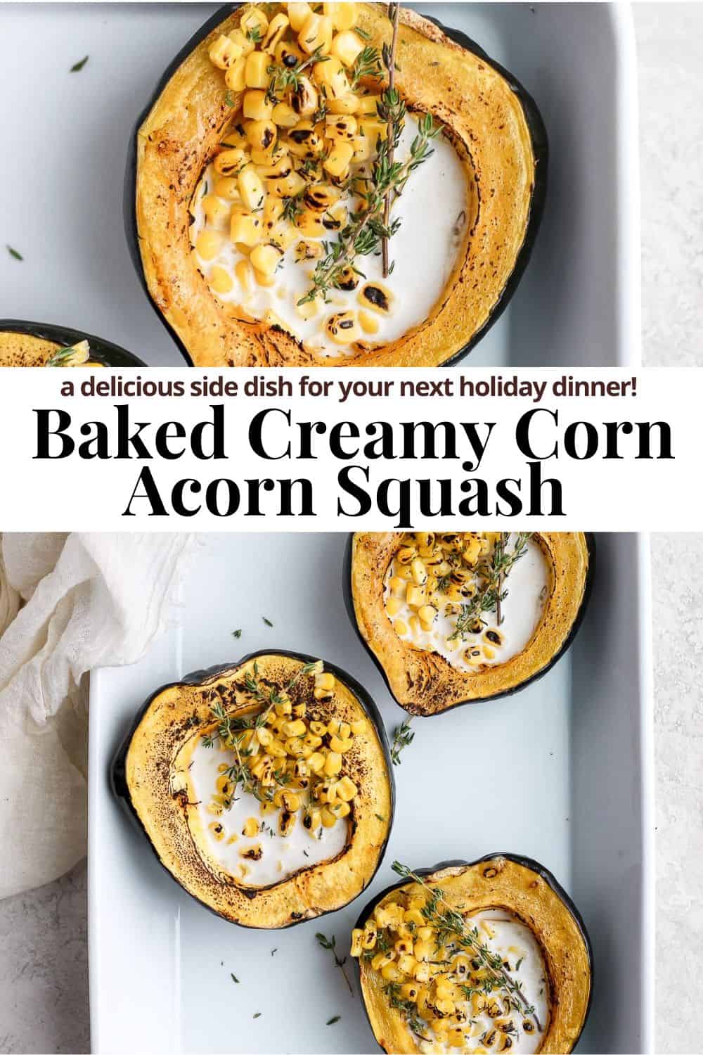 Pinterest image for creamy corn acorn squash.
