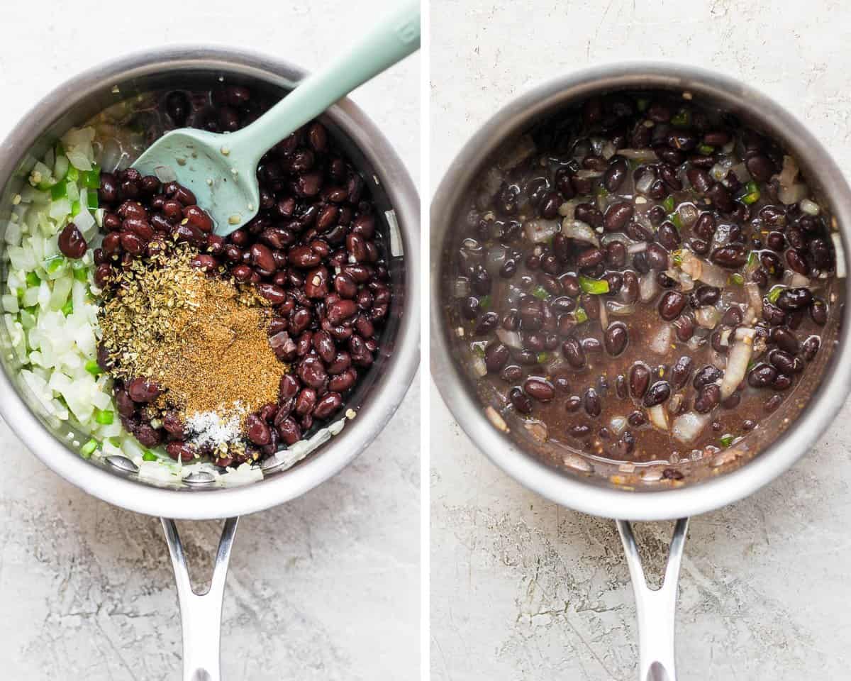 Two images showing the black beans, seasonings, soy sauce, and lime juice added to the pot and then everything after simmering for 10 minutes.