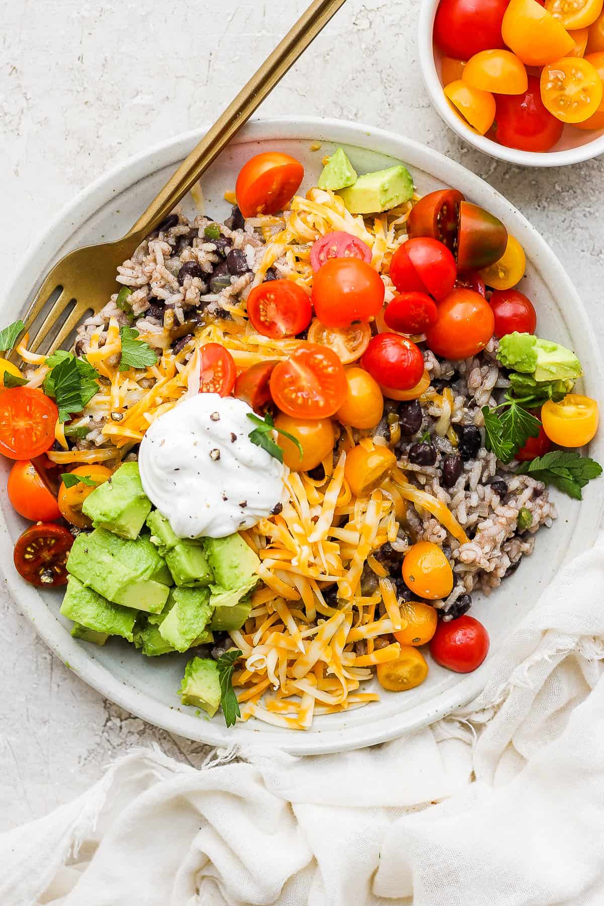 A plate of black beans and rice with all the best toppings.