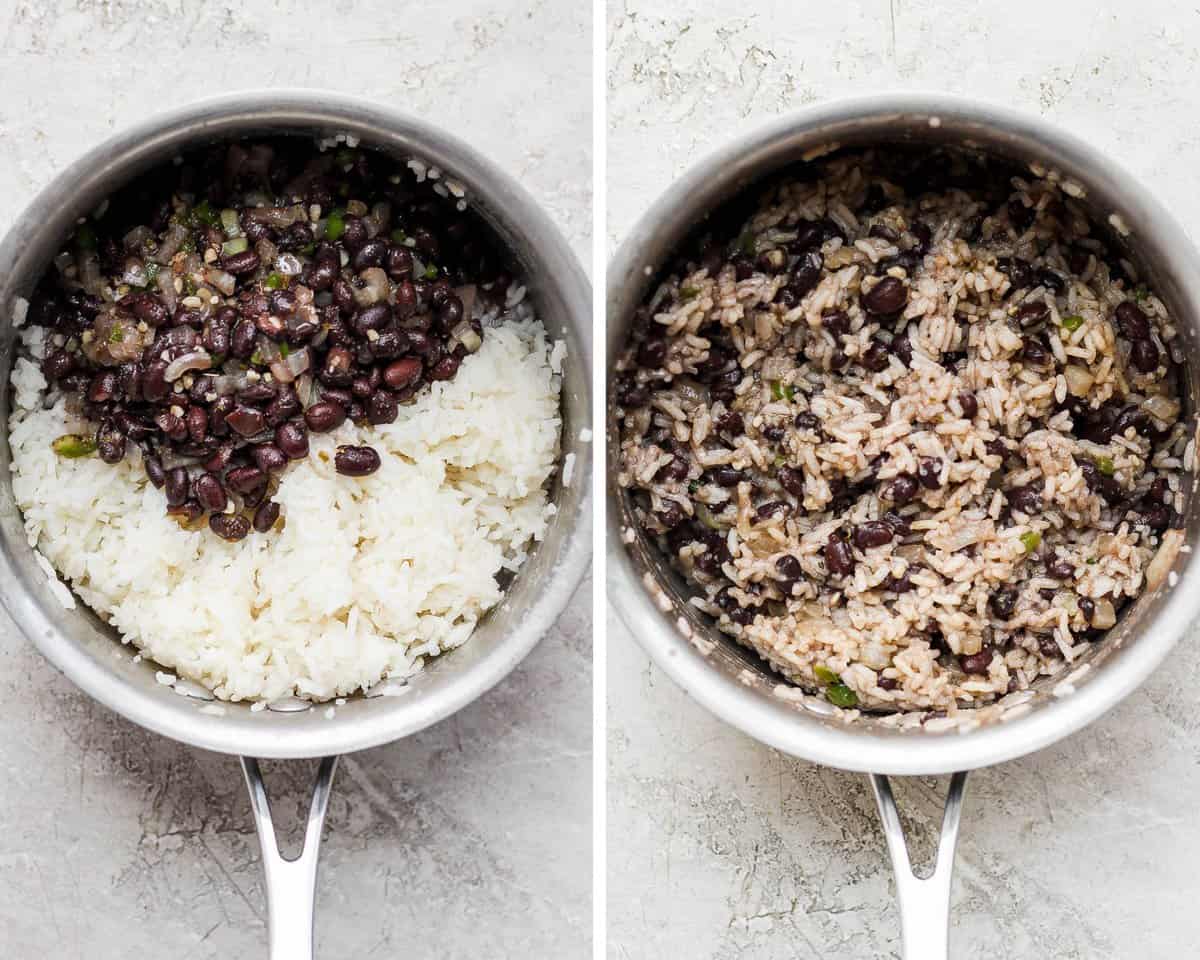 Two images showing the rice added to the pot of black beans and then all mixed together.