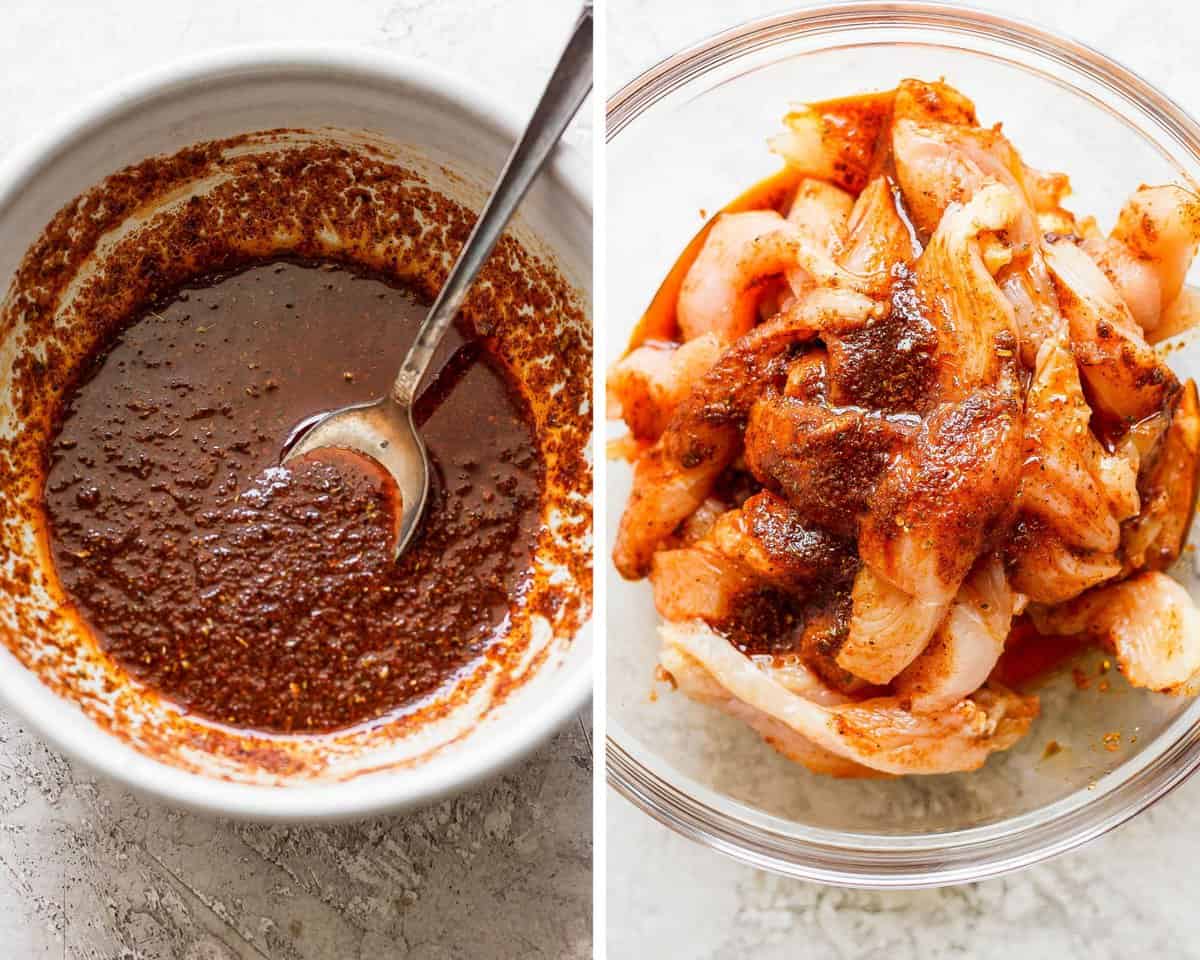 Two images showing the marinade mixed in a small bowl and the marinade over the top of chicken tenders in a large glass bowl.