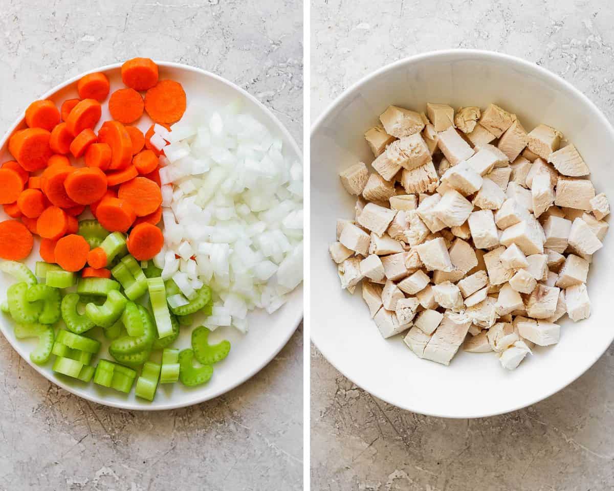 Two images showing the carrots, celery, and onion chopped on a plate and the cubed chicken in a white bowl.