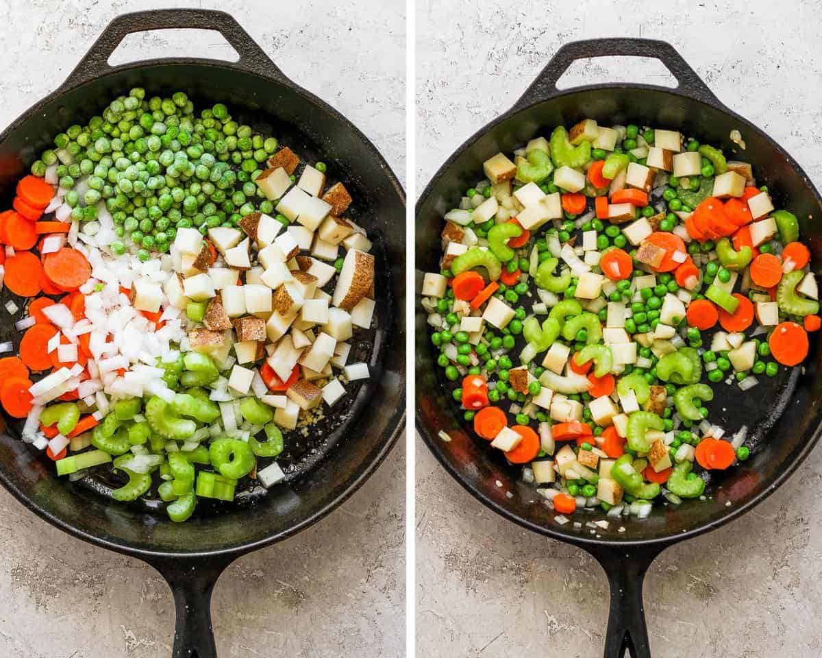 Two images showing the vegetable right when they were added to the skillet and then after sautéing for 5 minutes.
