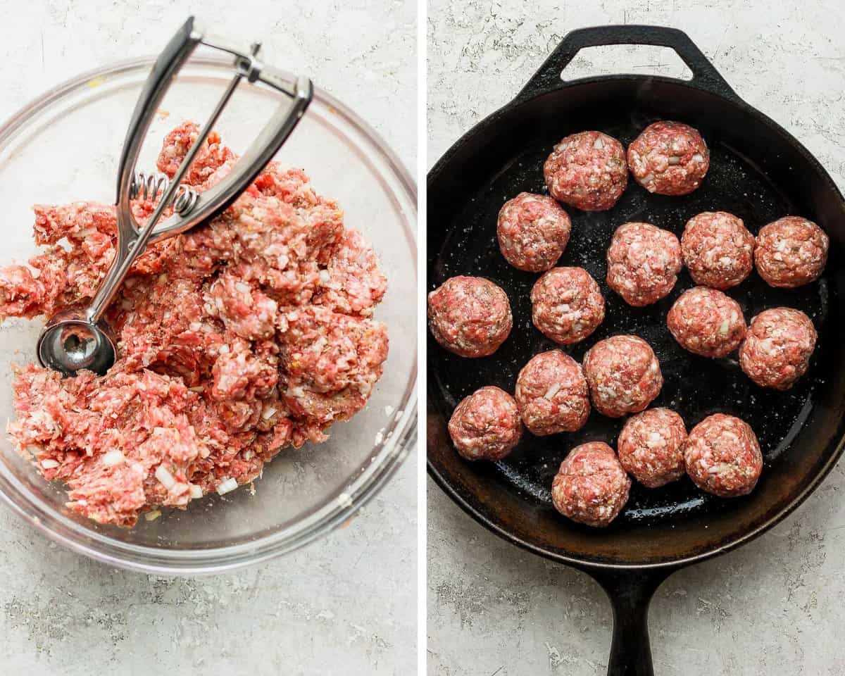 Meat mixture in one bowl and formed meatballs in a cast iron skillet. 