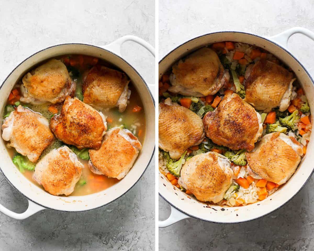 Two images showing the pot with all ingredients added and chicken on top before baking and then after baking.