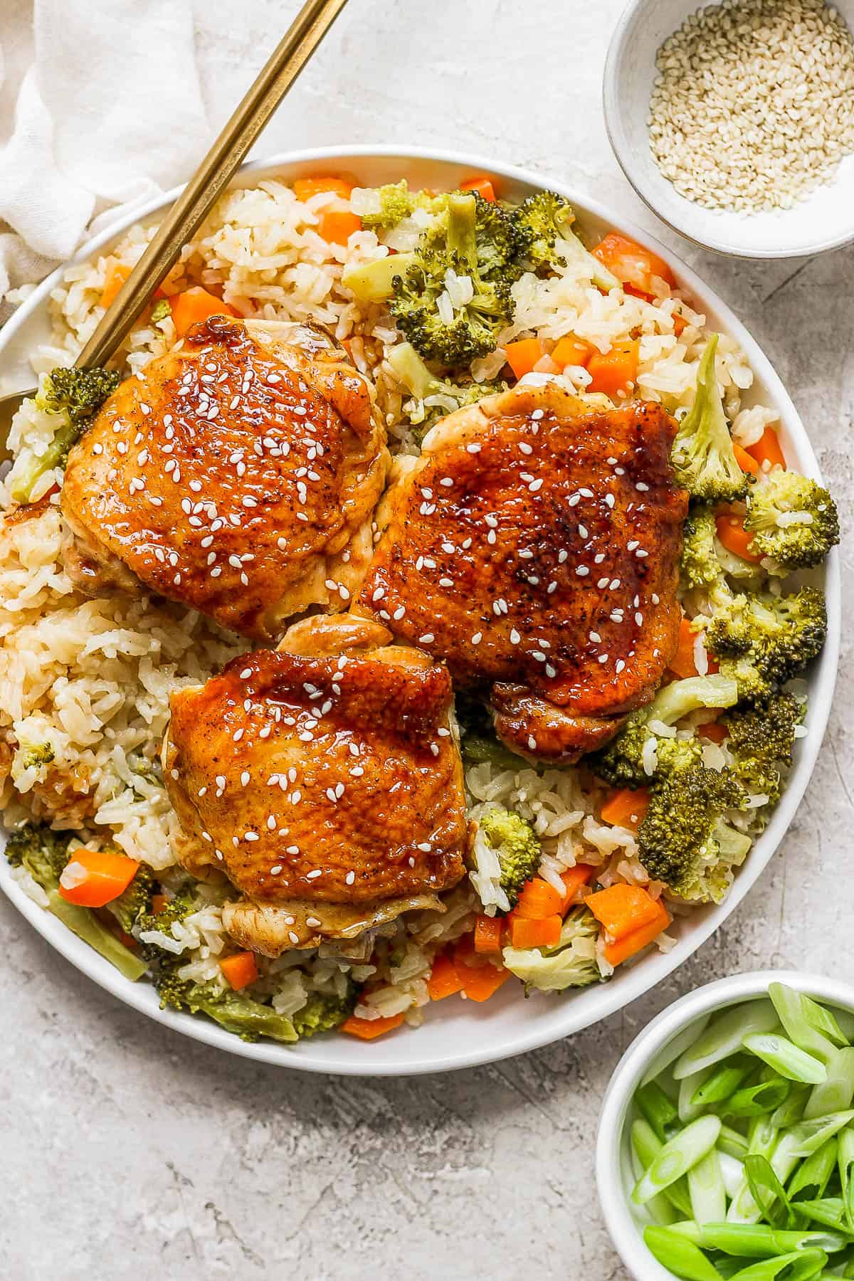 A large plate of teriyaki chicken and rice.