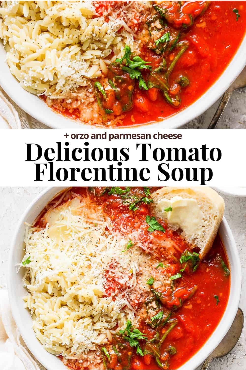 Pinterest image for tomato florentine soup.