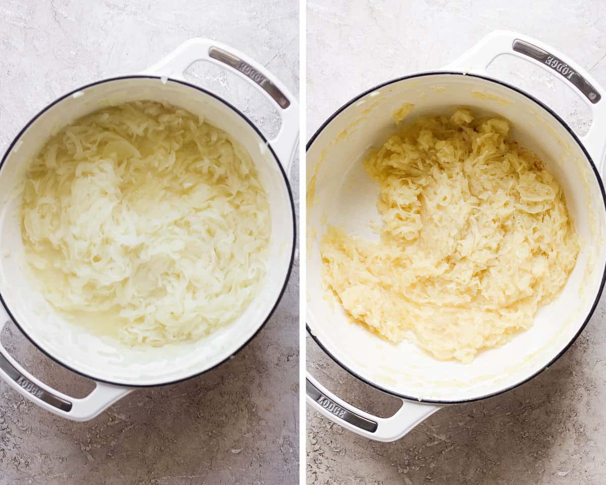 A side by side image showing how the onions and shallots cook down over time in the dutch oven.