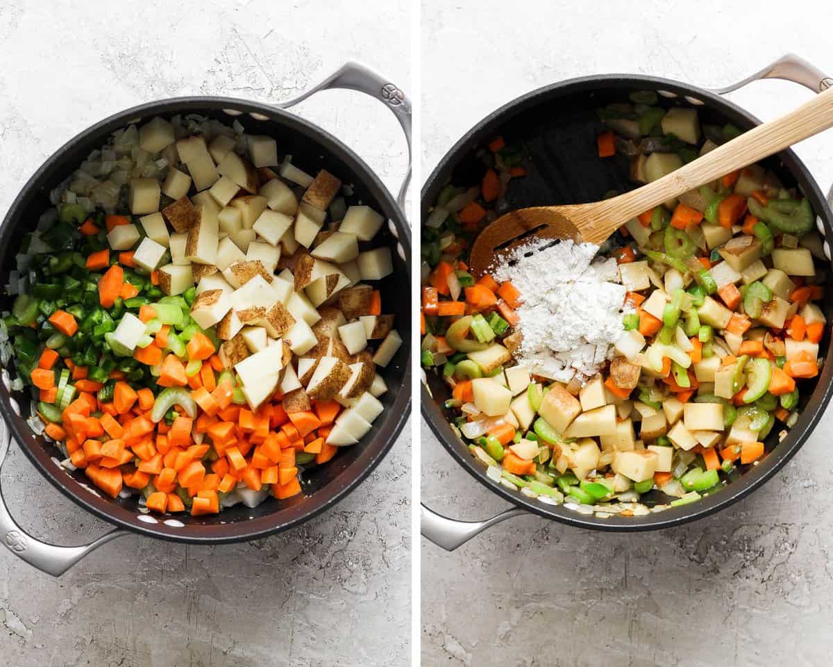 Two images showing the fresh vegetables tossed in to cook and then the rest of the butter and flour added.