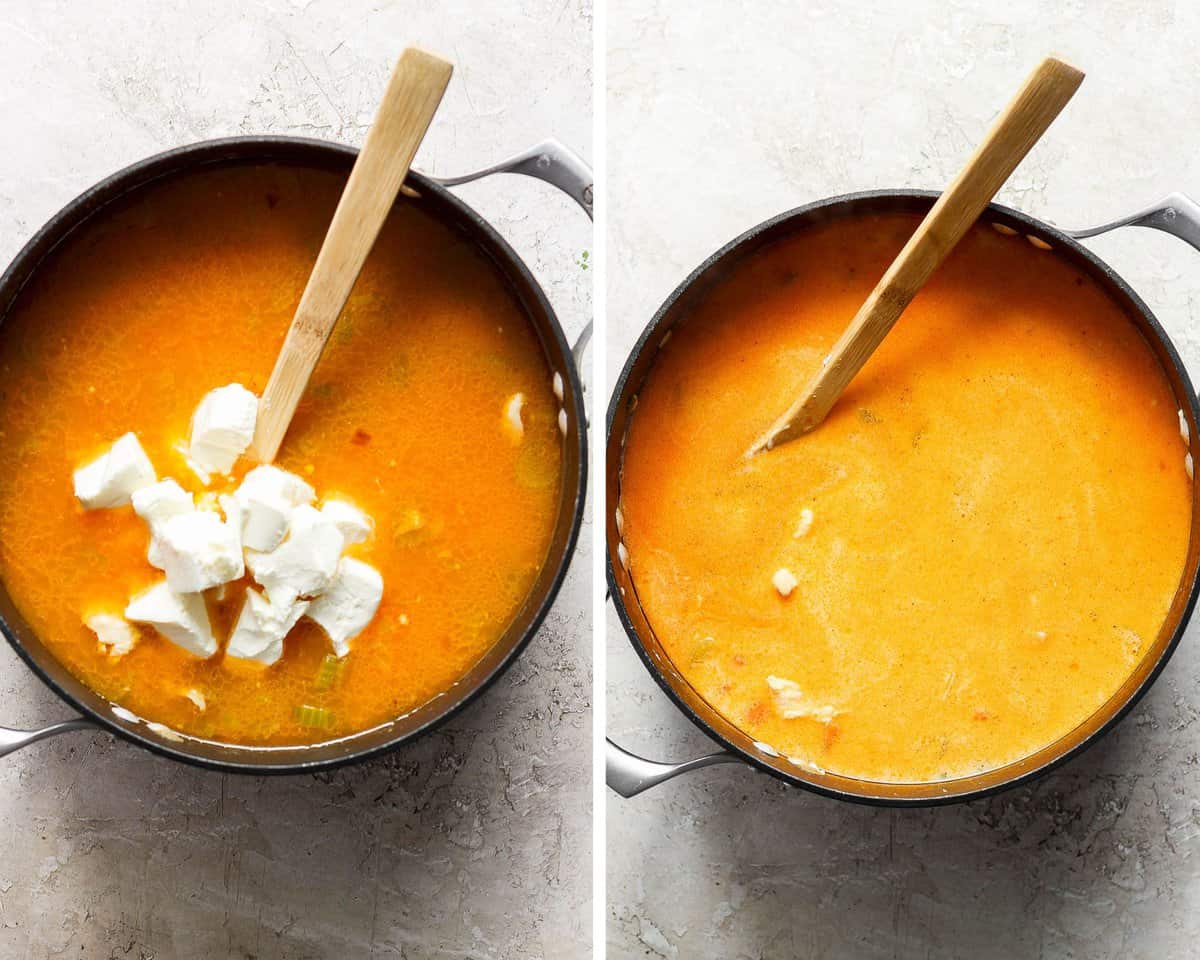 Two images showing the cream cheese added to the pot and then the soup after it has fully melted.