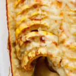 Top down shot of the corner of a pan of delicata squash au gratin with a gold spoon sticking out.