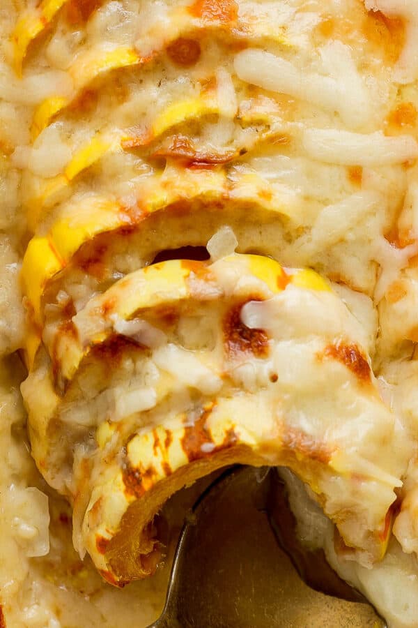 Top down shot of the corner of a pan of delicata squash au gratin with a gold spoon sticking out.