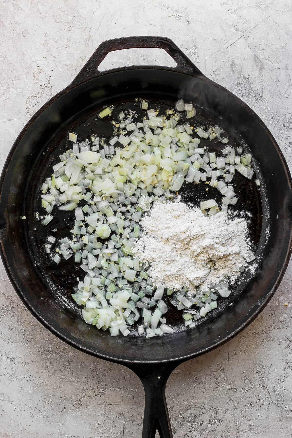 Flour added to the skillet after the onion and garlic cooked for a few minutes.