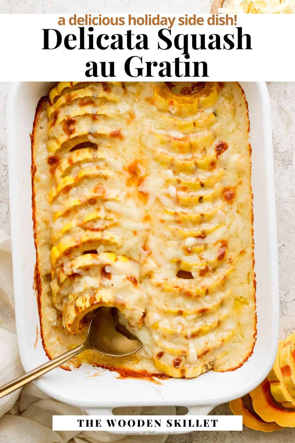 Pinterest image for delicata squash au gratin.