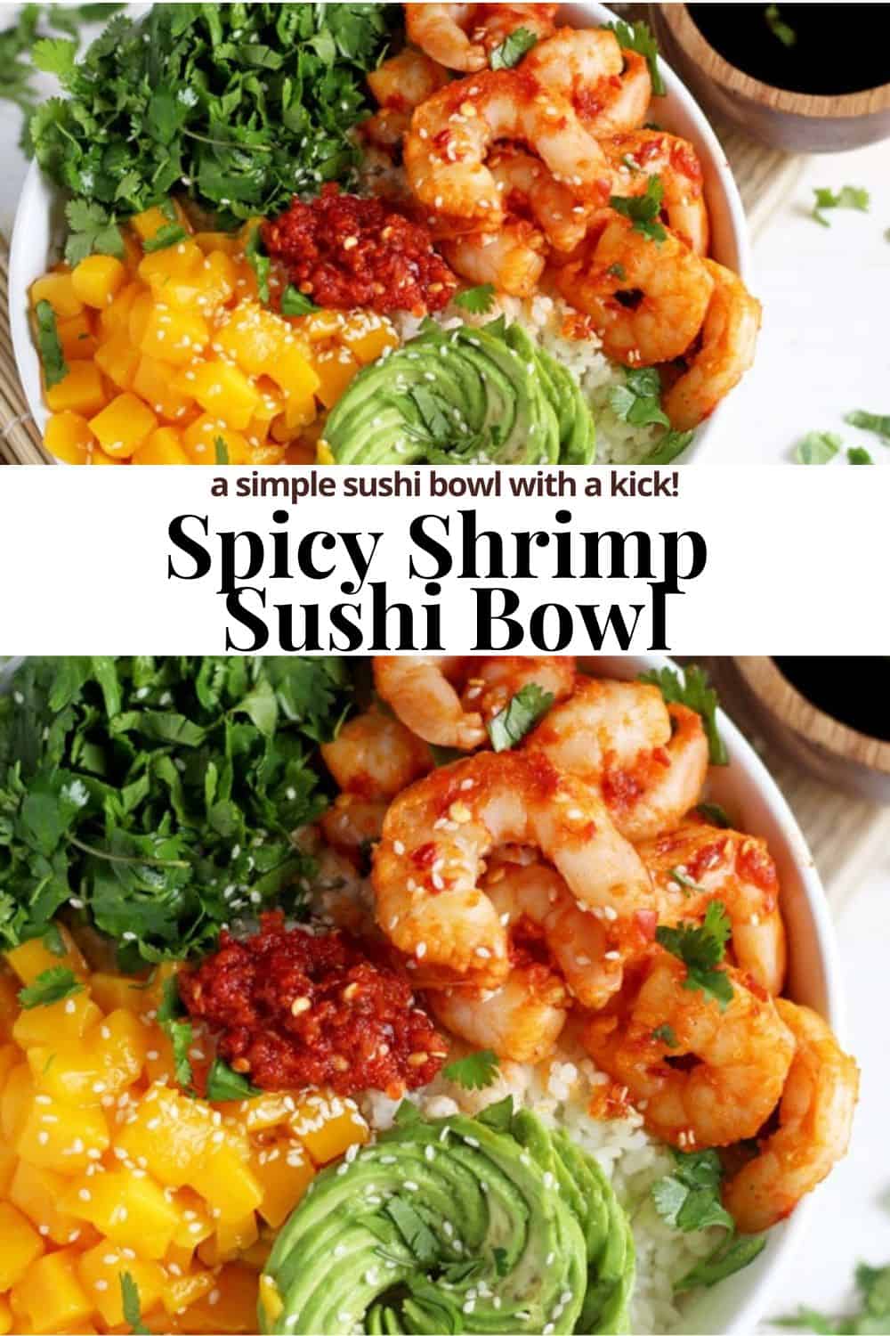 Pinterest image for a spicy shrimp sushi bowl.
