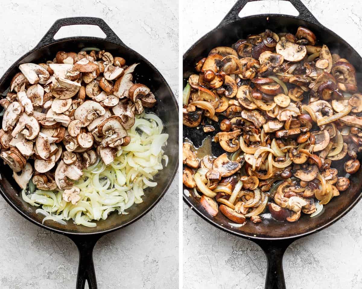 Two images showing the fresh mushrooms added to the cooked onions and then the mushrooms fully cooked.