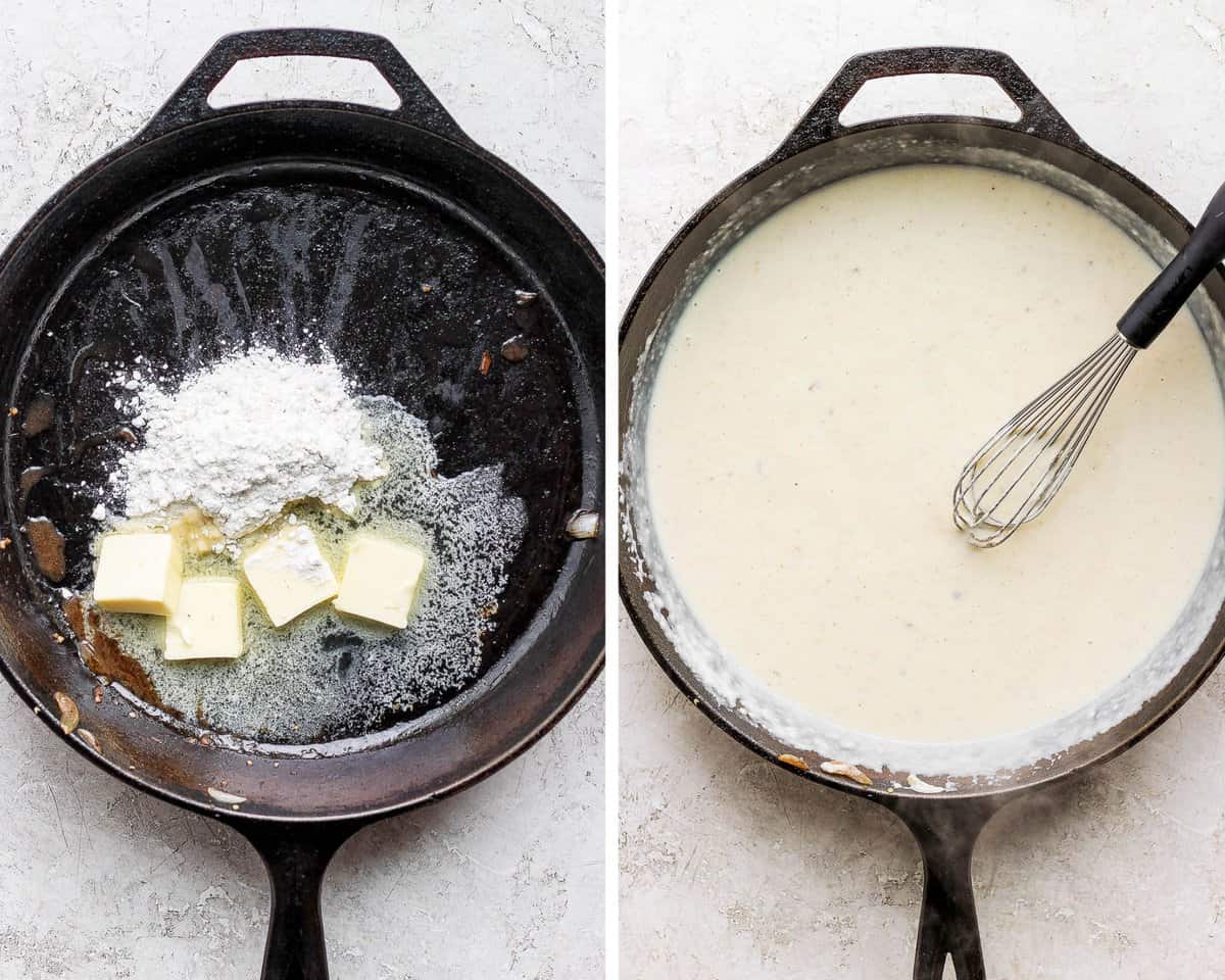 Two images showing the mushrooms/onions removed from the pan and the butter/flour added. Other image shows the thick sauce after broth and cream added.