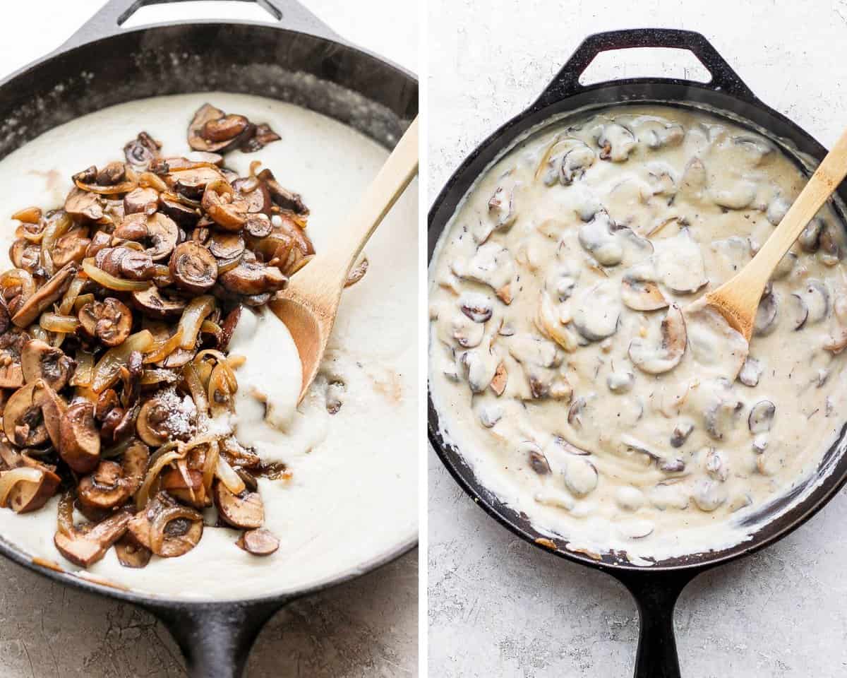 Two images showing the mushrooms and onions added to the sauce and then fully mixed in.