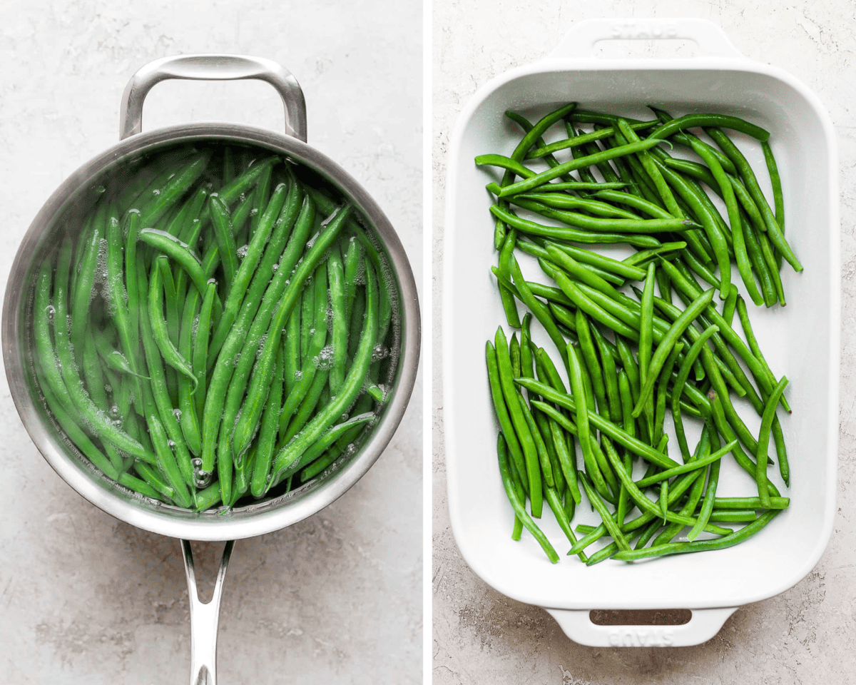 Two images showing the fresh green beans simmering in boiling water and then in a white baking dish.