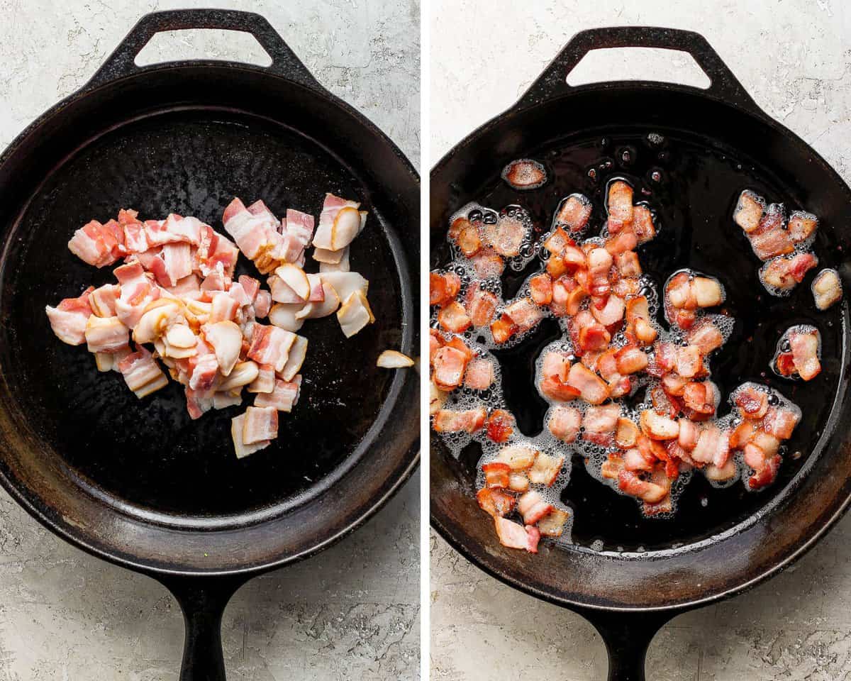 side by side image of raw bacon in a cast iron skillet along side the same bacon cooked in the cast iron skillet.