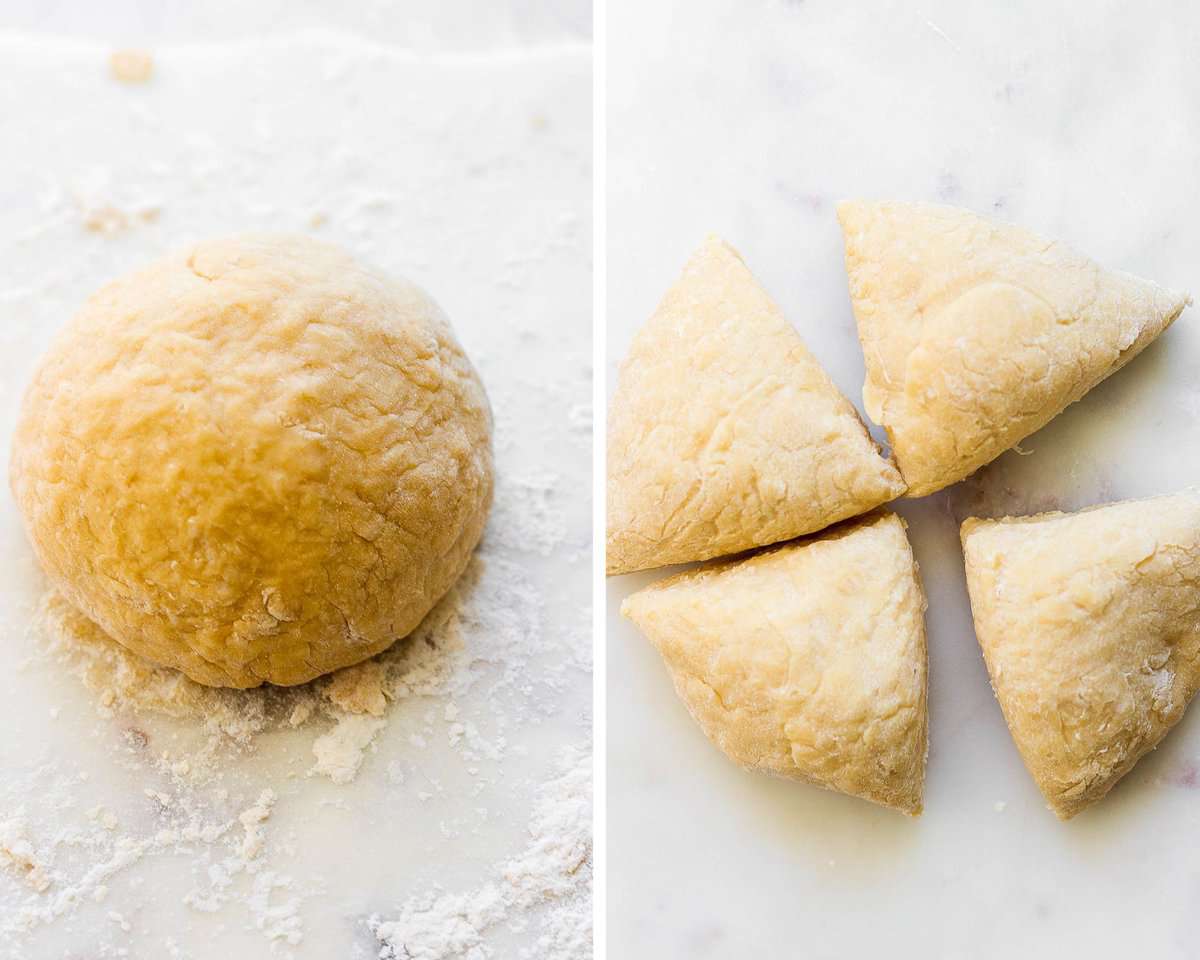 Two images showing the ball of dough and then it cut into four parts.