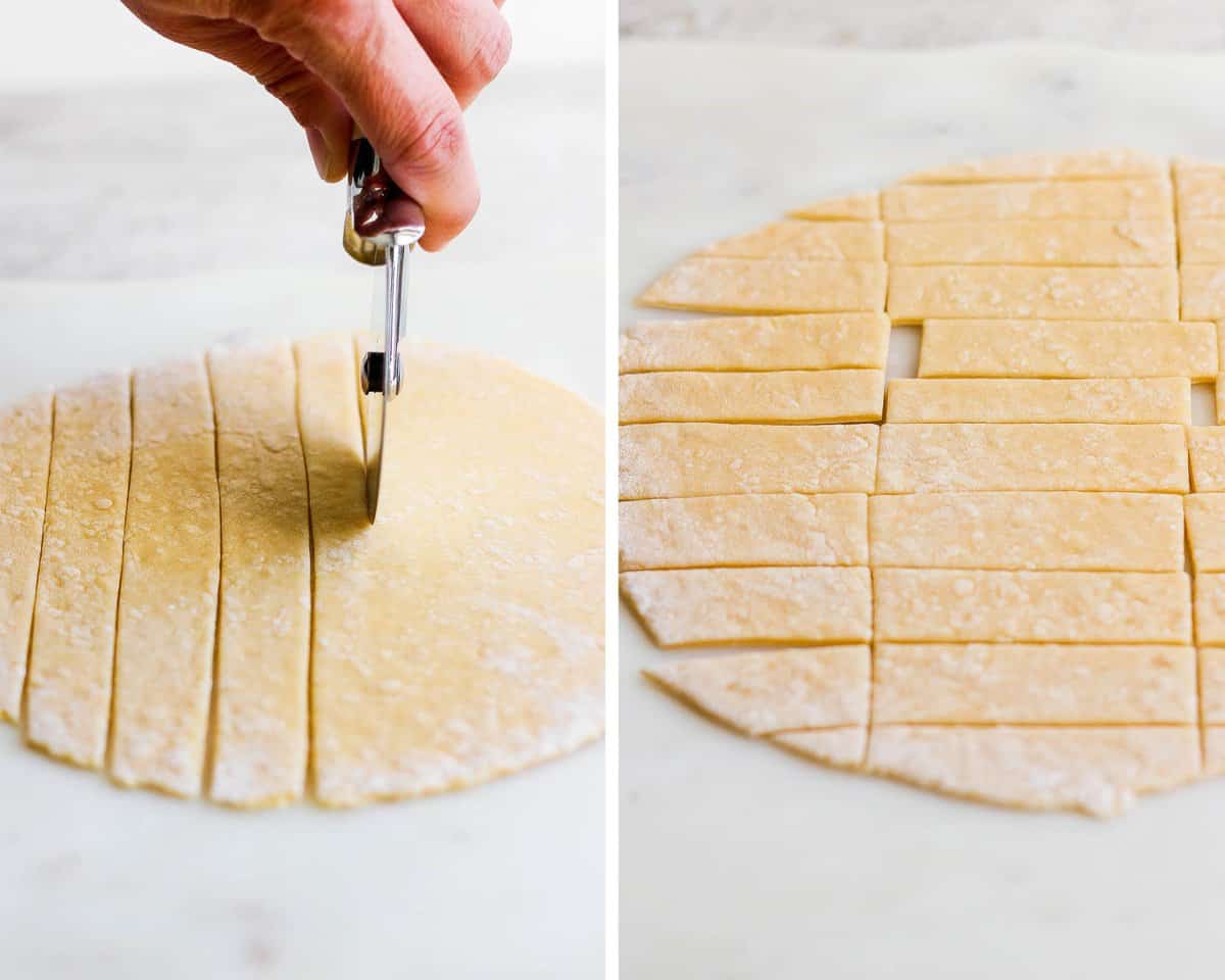 Two images showing a pizza cutter cutting the dough into long strips and then again to make shorter pieces.