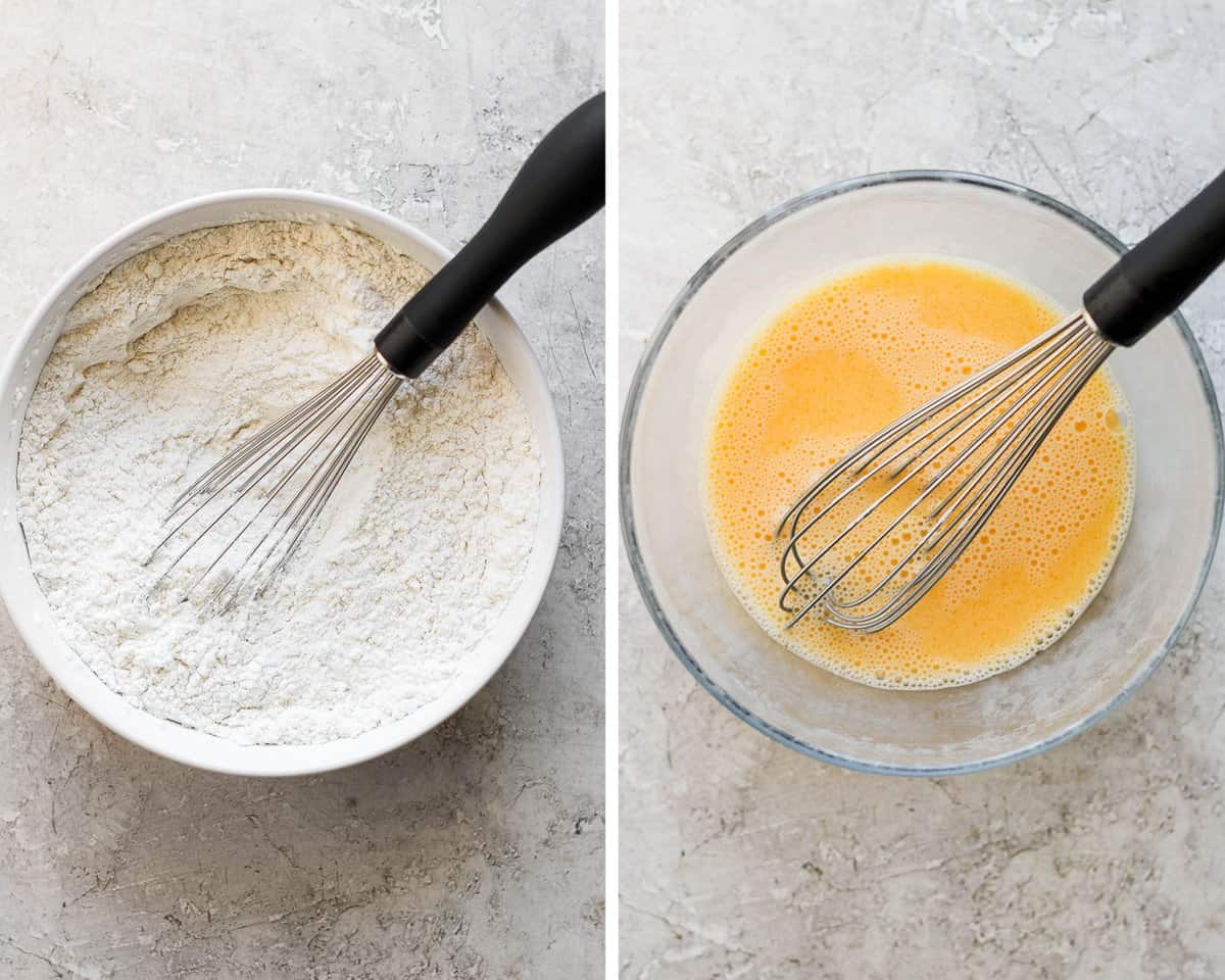 Two images showing the flour and salt in one bowl and the eggs, water, and oil in another bowl.