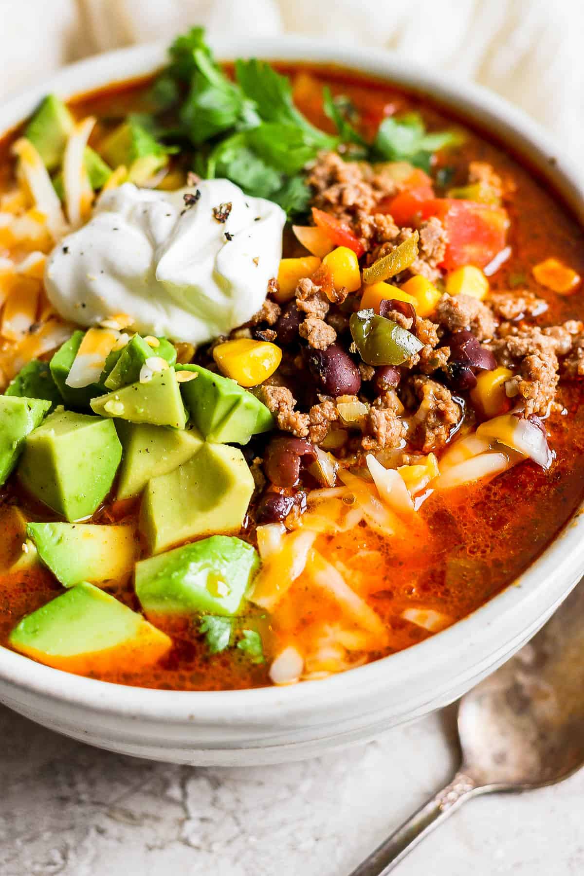 Taco soup in a bowl.