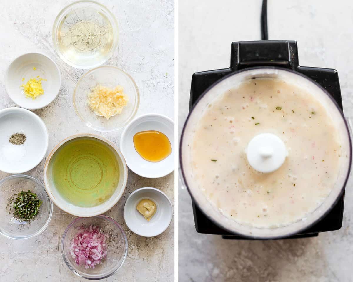 Dressing ingredients in individual bowls next to an image of all the ingredients blended together in a small food processor.