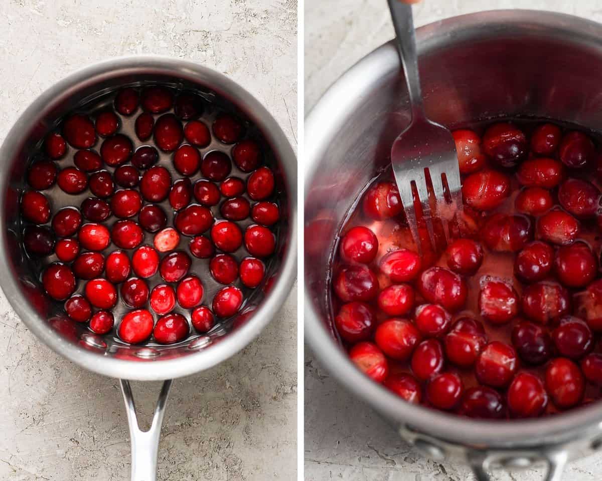 Two images showing the cranberries and water in a saucepan and then a fork smashing them.