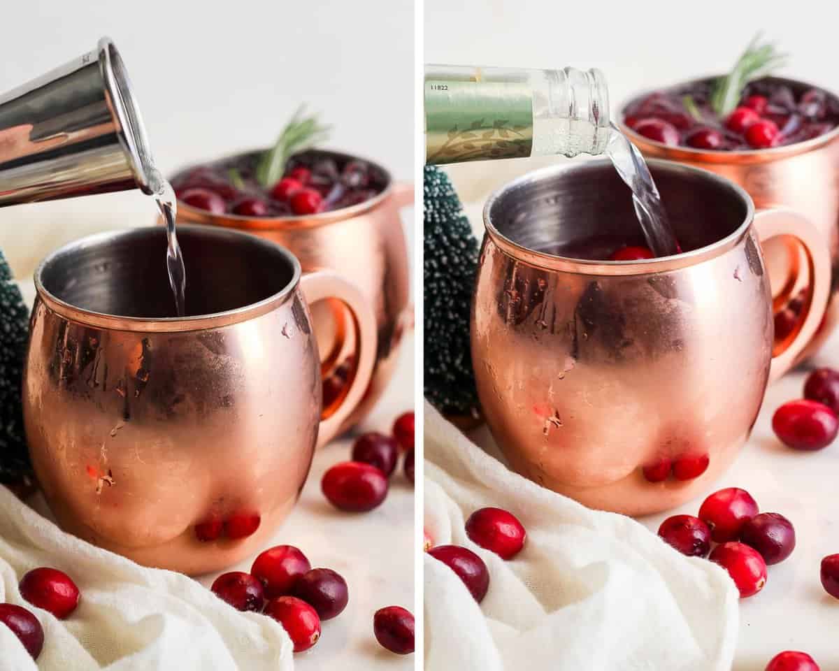 Two images showing the vodka and ginger beer being added to the mule mug.