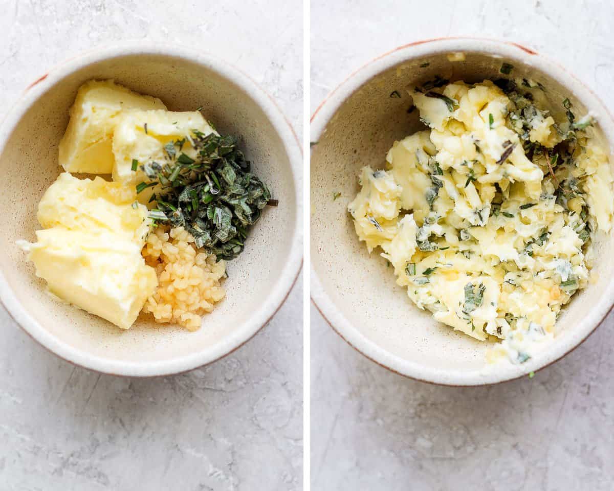 Side by side of the same bowl one with butter, garlic and herbs not mixed together and then next one they are mixed.