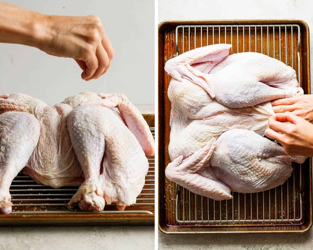 Two images showing a spatchcock turkey being seasoned with a dry brine on the outside and under the skin.