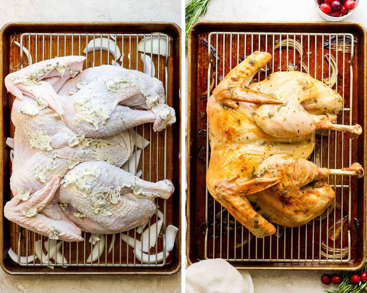 Two images showing a dry brine spatchcock turkey before and after being cooked.